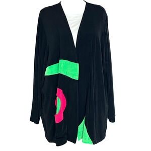 Vintage 80s Artwear Black Open Cardigan Neon Appliqué Avant Garde USA Made Sz +3